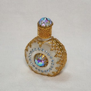 Vintage Austria Perfume Scent Bottle w/ Gold Metal Cladding Filigree &Rhinestone