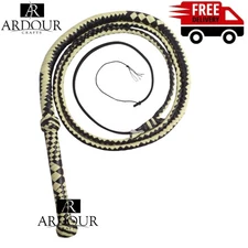 8ft Genuine Leather Bull Whip  12-Plait Handcrafted, Black & Off-White