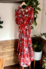 Anthropologie Maeve Red Floral Puff Sleeve High Low Hem Dress - Sz 4