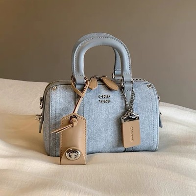 Chic Women Designer Handbag Blue Plaid Denim Beige Crossbody Shoulder Bag