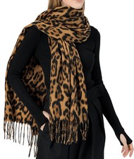 Womens Large Long Leopard-Print-Fringe Blanket-Scarf All Season Soft Warm Sca...