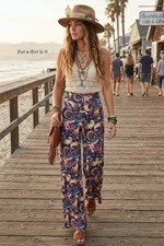 New Boho USA Women's JUP High Waisted Navy Blue Paisley Palazzo Pants S M L