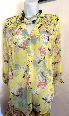 Figueroa & Flower Floral Tunic Top Womens Size S Yellow Button Up Resort Blouse