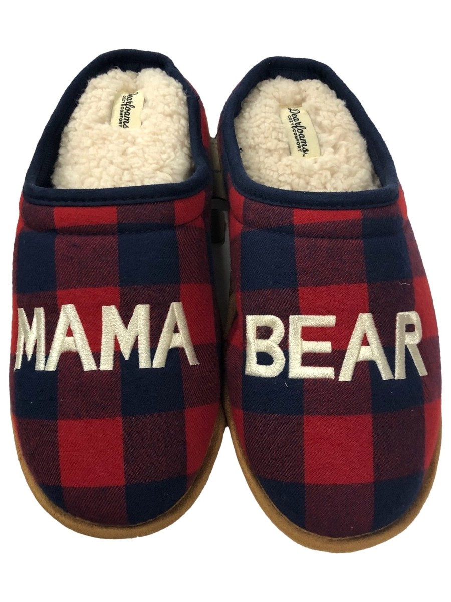 Dearfoams Womens Red Blue Plaid Sherpa Mama Bear Holiday Slippers
