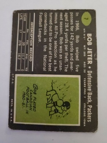 1969 TOPPS Bob Jeter Packers card paper loss EX #7 - Picture 2 of 2