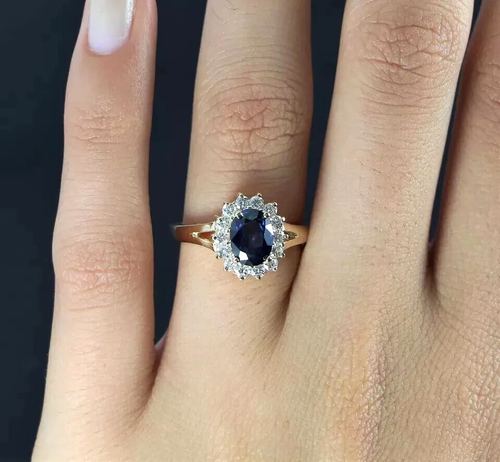 925 Silver Sapphire & Simulated Diamond Princess Diana Engagement Ring (NEW) - Picture 6 of 10