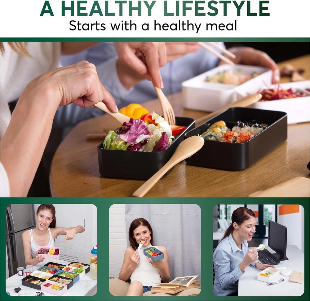 Umami Bento Box Adult All-In-1 w/4 Utensils Big Sauce Jar 2 Dividers 100% Lea...