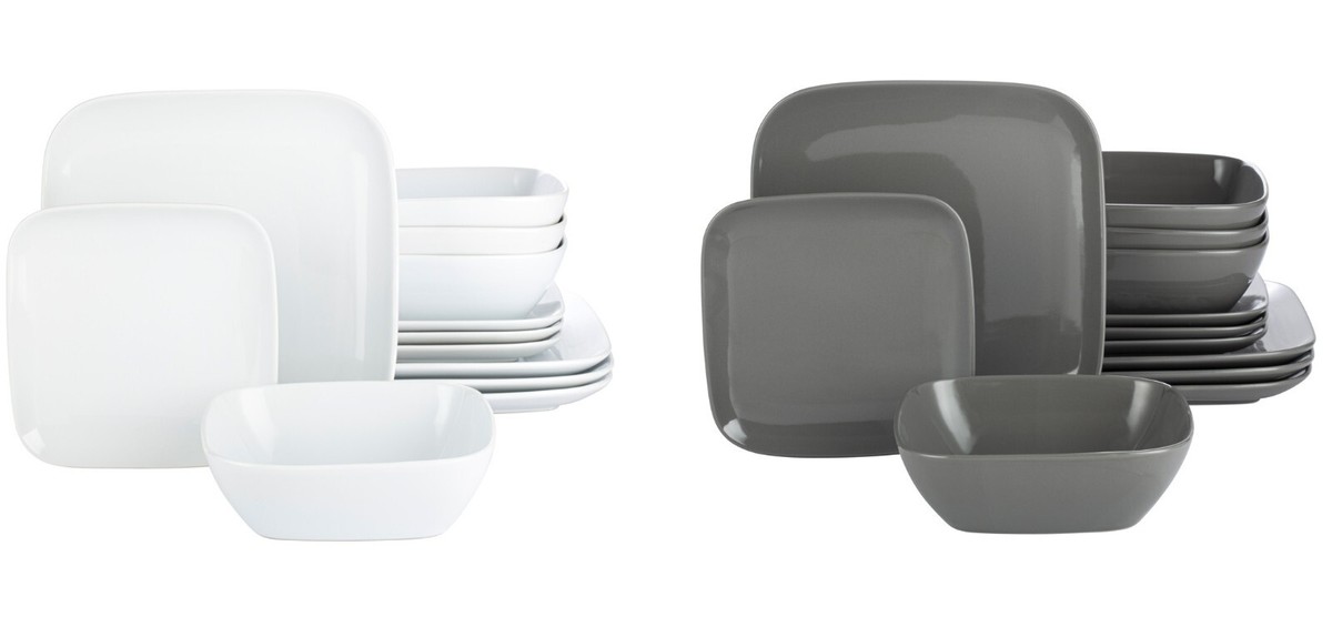 12pc Square Dinner Set Grey White Stoneware Crockery Plates Bowls Service  for