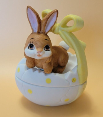 Easter Bunny On An Egg Trinket Box Hand Painted Porcelain Lefton China 1983