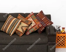 4 Set of Wool Jute Cushion Cover Throw Indian Vintage Handmade Kilim Rug Pillows