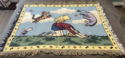 Disney Classic Pooh Vintage Woven Tapestry Blanket Throw Wall Hanging Fringed
