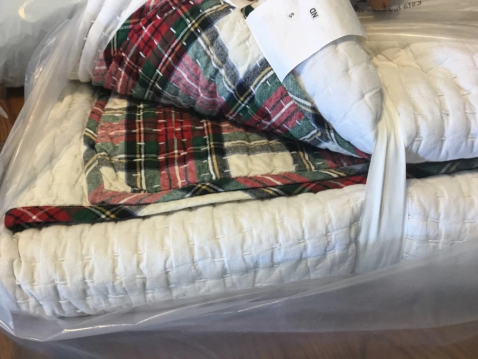 Edredón Pottery Barn Stewart Pick Stitch completo/queen + 2 fundas estándar Nip Foto 3 de 4