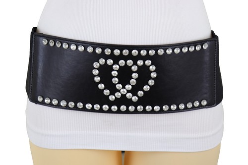 Women Black Elastic Wide Fancy Dressy Belt Hip Waist Silver Heart Love Size S M - Picture 16 of 24