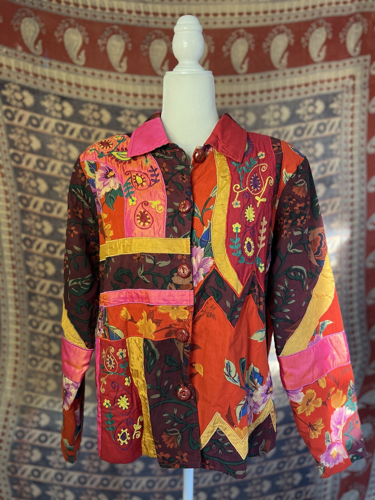 Woman's Blazer Jacket Large Patchwork Red Floral … - image 1