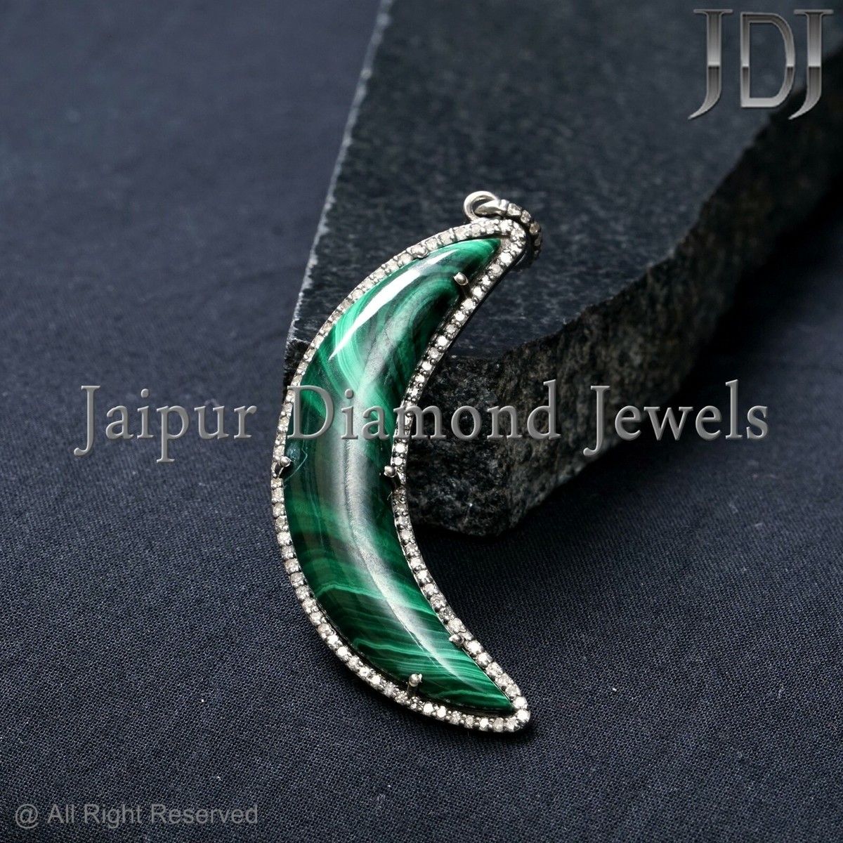 Malachite Crescent Moon Charm Natural Pave Diamond 925 Sterling Silver  Pendant