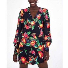 Farm Rio Black Multicolor Print Tassel Tie Mini Wrap Dress NWT Size XS