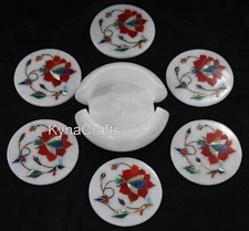 4.5 Inches Shiny Gemstone Inlay Work Giftable Coaster Marble Tea Coaster Set
