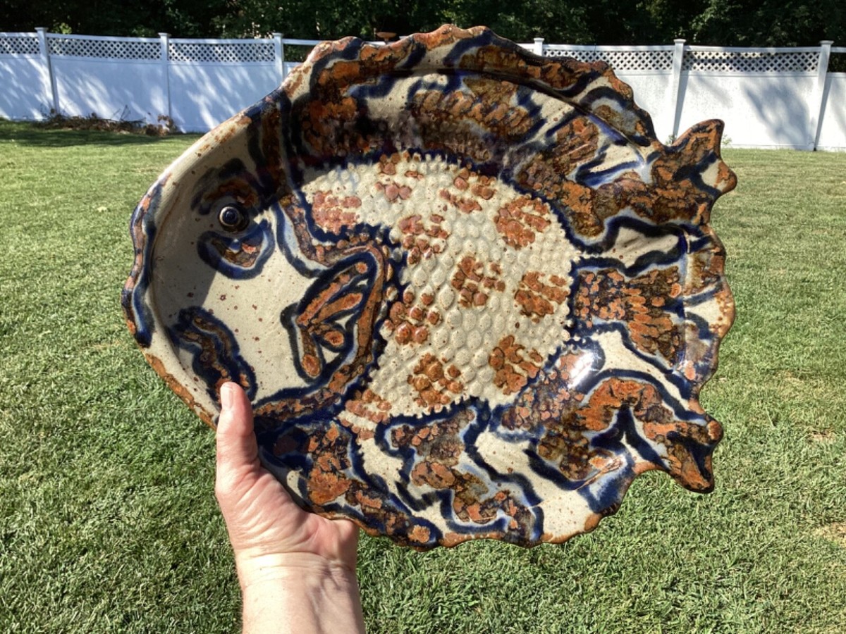 Large Jepson FISH PLATTER / WALL ART Pottery Stamped Blue Brown