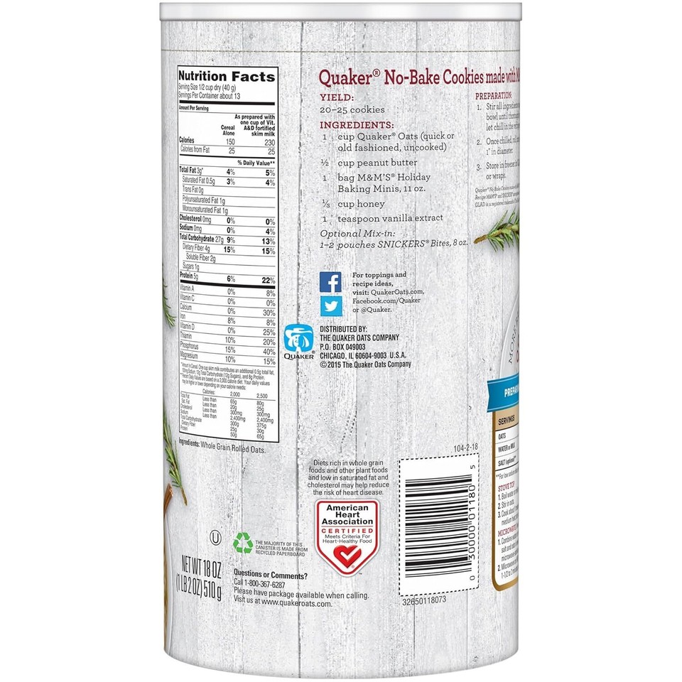 Quaker Oats Quick 1 Minute Oatmeal, 18 oz (Pack of 2) eBay