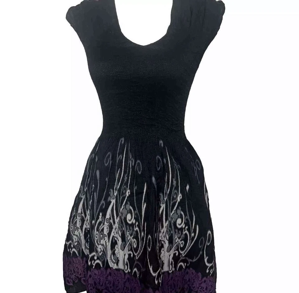 Y2K Gothic MAX EDITION 尺寸 XS 提花缩褶上衣合身喇叭连衣裙黑色 — 第 3/4 张图片