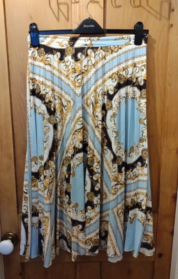 WOMEN'S BLUE CHAIN PRINT SKIRT SIZE 12 MIDI F&F PLEATED SUMMER HOLIDAY - Image 2 of 4