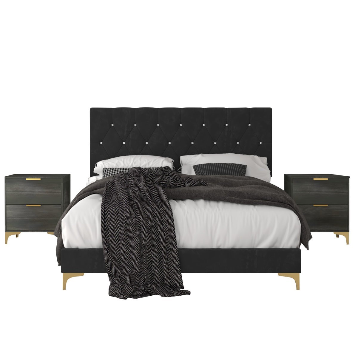 Modern Black Bedroom Set with Bed, Headboard, Two Drawer Nightstands king size