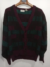 Vintage Sostanza Mens 90's Black, Teal, Purple Cardigan Sweater Sz Lg Button-up 
