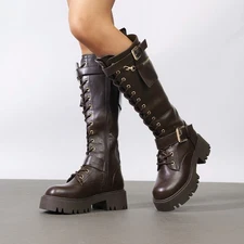 Women Combat Riding Knee High Boots Lace Up Side Zipper Motorcycle Boots