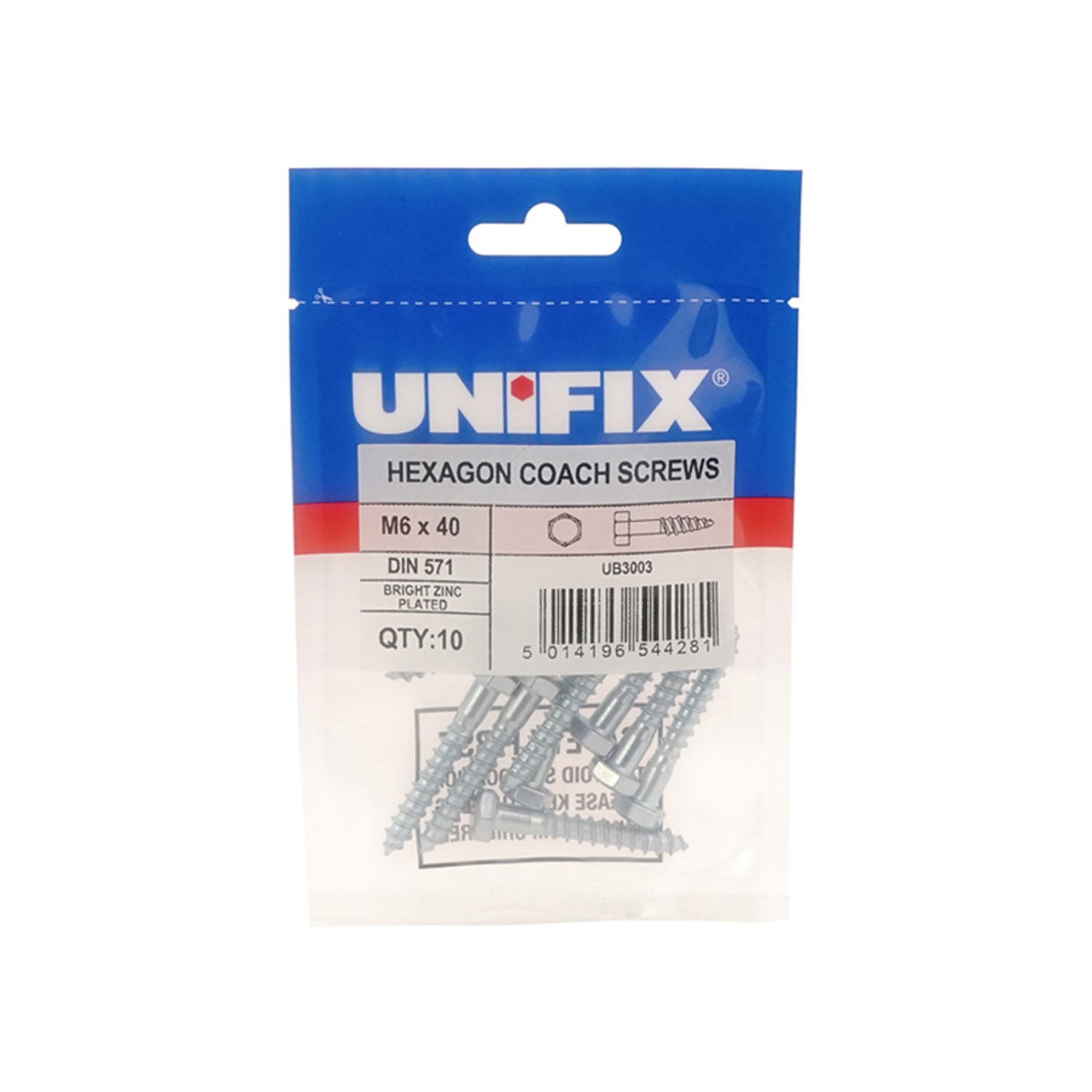 Unifix Coach Screws Hex Head DIN 571 BZP CE M8 x 45 Box of 101