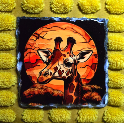 Naturschiefer Untersetzer - Sonnenuntergang Giraffe - glänzende Oberfläche und verpackt