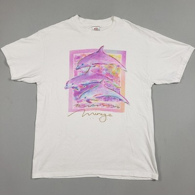 Vtg Mirage Las Vegas Dolphin Shirt Women Large White Pink Purple Glitter Graphic