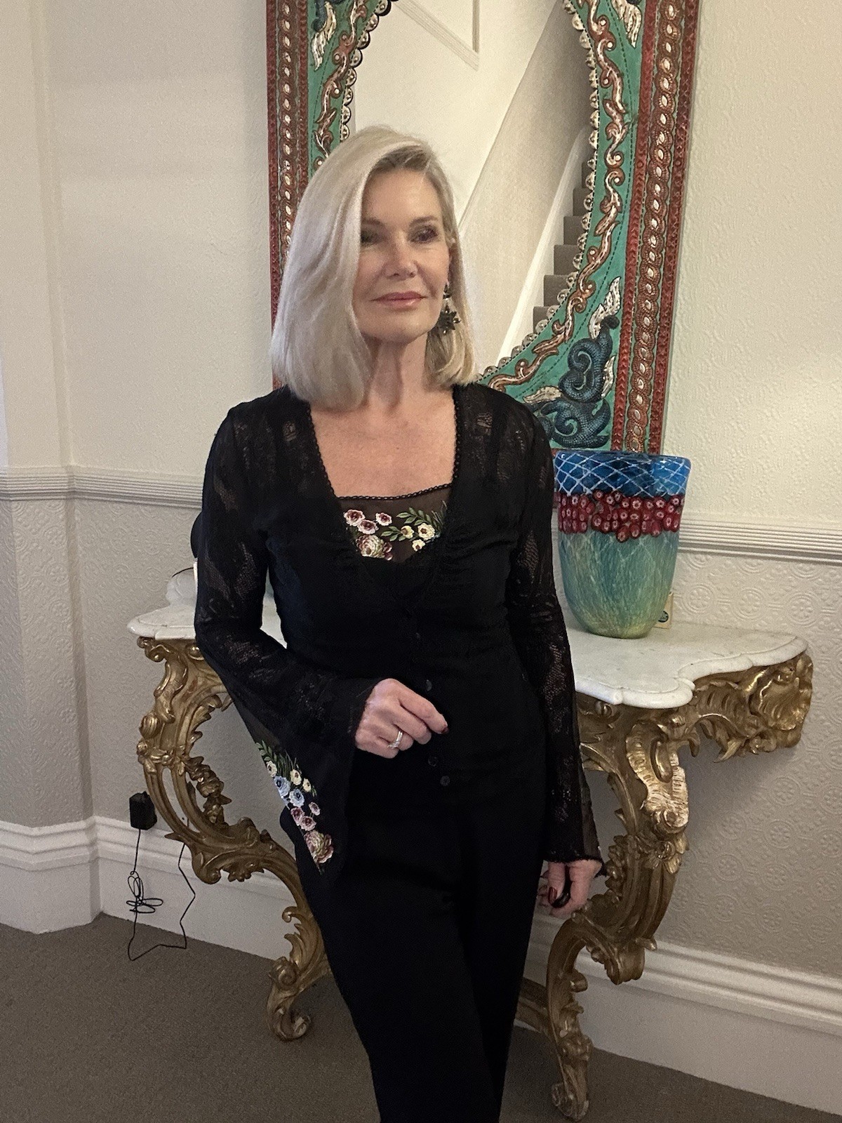 JOHN GALLIANO Vintage UK M Two Piece Black Lace Cardigan Cami Embroidered Detail