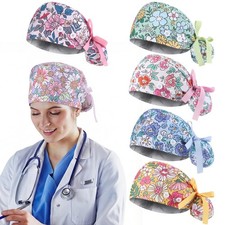 6 PCS Scrub Caps Satin Lined Women Nurse Surgical Hat Sweatband Buttons