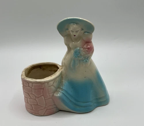 Vintage Shawnee Pottery Pink Blue Southern Belle Wishing Well Planter Vase 6"