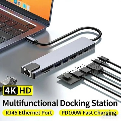 USB-C Hub 8-IN-1 Adapter 4K HDMI USB 3.0 LAN RJ45 Ethernet Micro SD Kartenleser