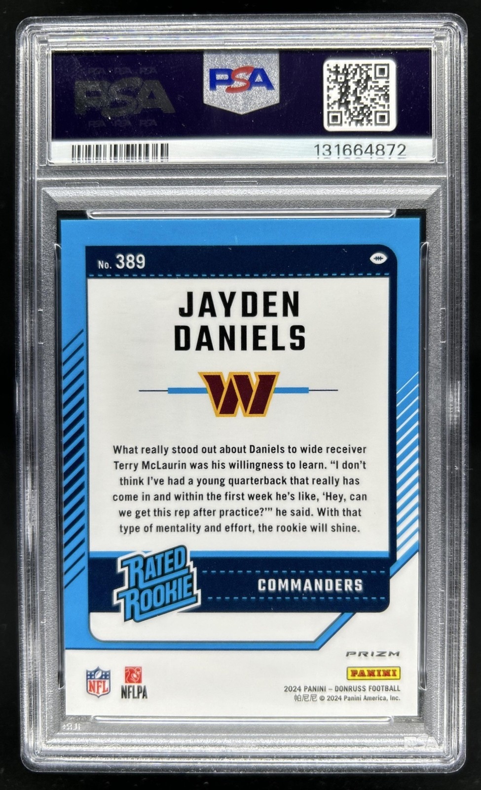 2024 Panini Donruss Jayden Daniels Optic Rated Rookie Preview Pink #389 PSA 8 view 2