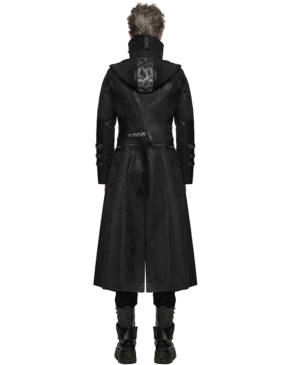 Punk Rave Mens Long Gothic Trench Coat Hooded Jacket Black
