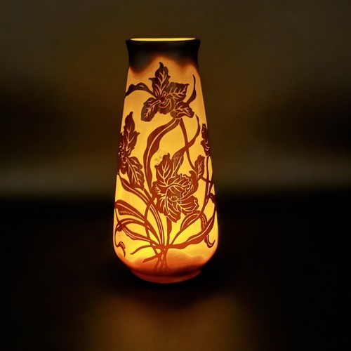 Galle Style Etched Cameo Glass Flower Vase 10.5 Black Brown Candle Hurricane Vtg - Picture 8 of 9