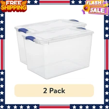 Sterilite 66 Qt Clear Plastic Storage Bin with Blue Latch Lid, Large, 2 Pack