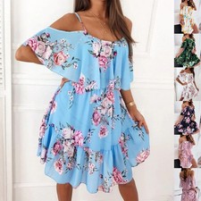 Women's Multicolor Sundress Floral Ruffled Off Shoulder Strap Dress Size S-2XL