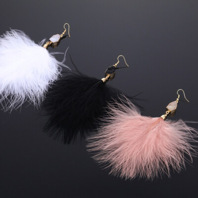 Women Bohemian Ostrich Feather Earrings Long Tassel Dangle