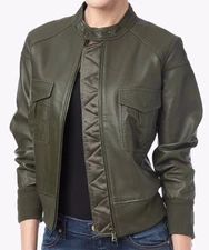 $695 NWT 7 FOR ALL MANKIND SzL LEATHER UTILITARIAN BOMBER JACKET DUSTY OLIVE 
