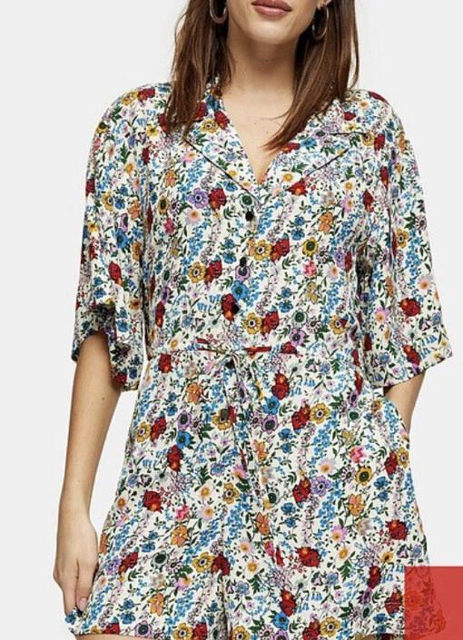 Topshop IDOL Floral Pajama Collar Romper Playsuit UK 12 See Desc