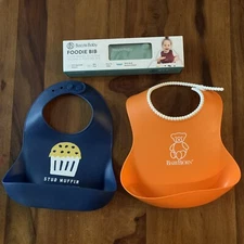 3 Food Catch Baby Feeding Bibs-1 Björn Flexible Plastic, 2 Silicone (1 is New)
