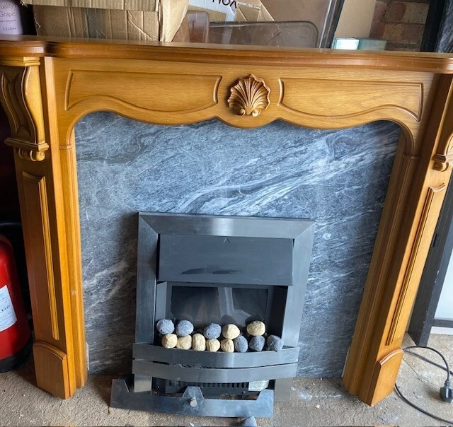 Used Inset Electric Fire With Wood and marble Fireplace surround | eBay