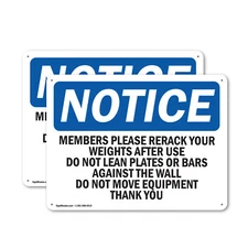 (2 Pack) Members Please Rerack Your Weights After OSHA Notice Sign Decal Metal