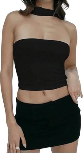 Women Strapless Halter Tube Top Hollow Out Sleeveless Solid Slim Bandeau Tops