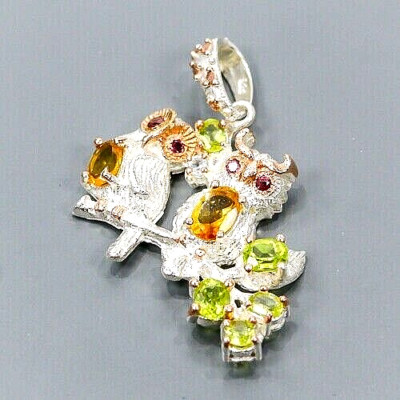 ENTZÜCKENDER ANHÄNGER CITRIN, TOPAS & PERIDOT ZWEIFARBIG EULE .925 STERLINGSILBER 14KWGP