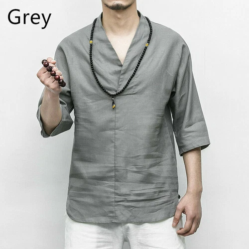 Herren Baumwolle Leinen Hemd V-Ausschnitt 3/4 Arm T-Shirt Oberteil Kung Fu Chinesisch Weiß Grau - Bild 11 von 16