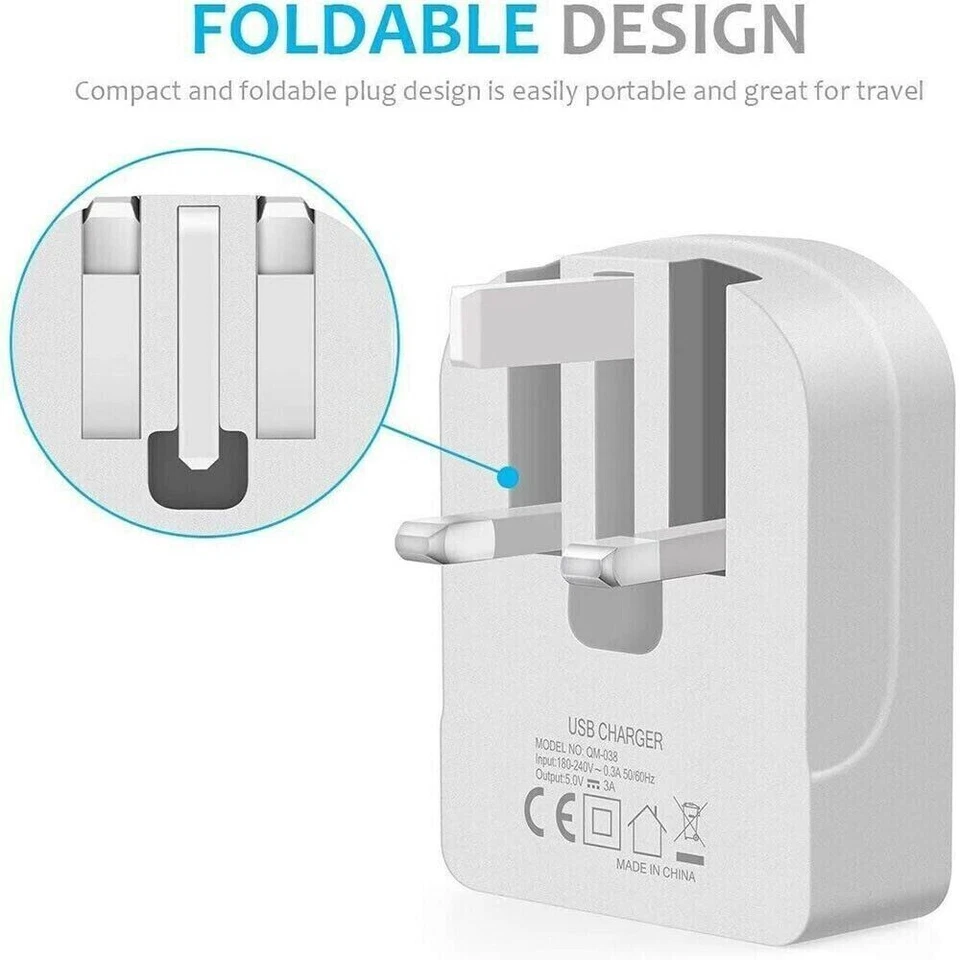 10.5W Fast Dual Twin 2 Port USB Folding Charger Mains Wall Plug Adapter 3Pin - Image 3 of 4